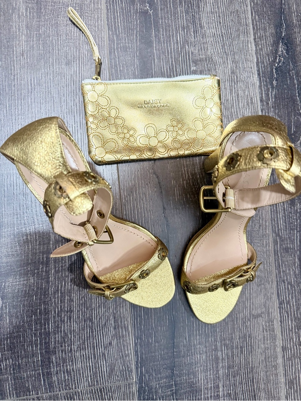Coach Metallic Gold Ankle Strap Heels w/ Marc Jacobs Wristlet Size 10